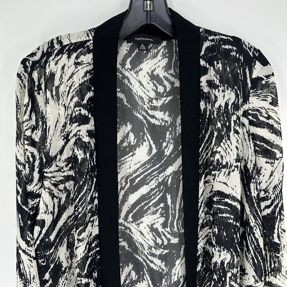 R&M Richards Sheer Jacket Top Open Cardigan Fringe Abstract Print Black Cream - Picture 6 of 8